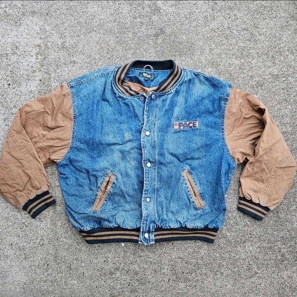 Vintage Other - VTG 90s Dunbrooke Pace Denim Varsity Bomber Trucker Jacket Blue Tan Mens Size XL